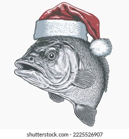 Bass Fish Santa Hat Vector Illustration Tshirt Design Logo Icon Christmas Greeting Card