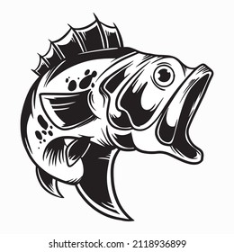 bass fish silhouette, fishing logo black and white vector illustration