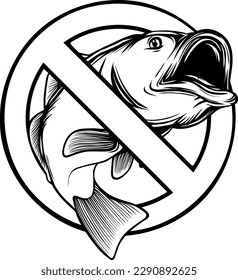 bass fish silhouette, fishing logo black and white vector illustration on white background