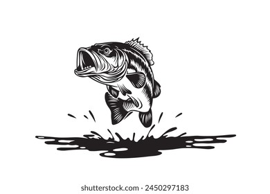 bass fish silhouette. fish vector illustration. jumping fish on white background.