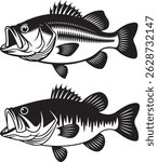 bass fish silhouette vector set | Three Stylized Fish Illustrations in Black and White Design | Jumping Fish Illustrations | Black and White Fishing Clipart Collection