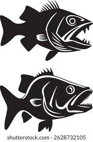 bass fish silhouette vector set | Three Stylized Fish Illustrations in Black and White Design | Jumping Fish Illustrations | Black and White Fishing Clipart Collection