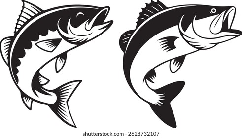 bass fish silhouette vector set | Three Stylized Fish Illustrations in Black and White Design | Jumping Fish Illustrations | Black and White Fishing Clipart Collection