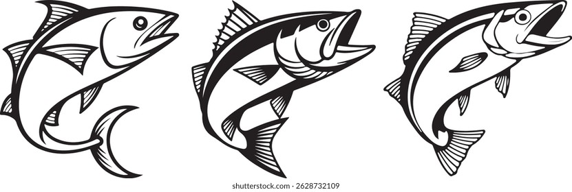 bass fish silhouette vector set | Three Stylized Fish Illustrations in Black and White Design | Jumping Fish Illustrations | Black and White Fishing Clipart Collection