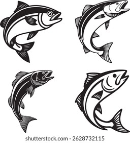 bass fish silhouette vector set | Three Stylized Fish Illustrations in Black and White Design | Jumping Fish Illustrations | Black and White Fishing Clipart Collection