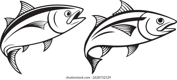 bass fish silhouette vector set | Three Stylized Fish Illustrations in Black and White Design | Jumping Fish Illustrations | Black and White Fishing Clipart Collection