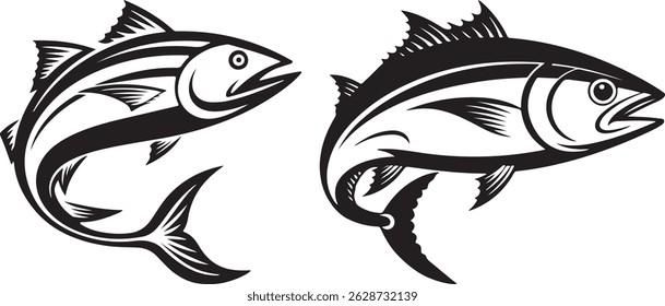 bass fish silhouette vector set | Three Stylized Fish Illustrations in Black and White Design | Jumping Fish Illustrations | Black and White Fishing Clipart Collection