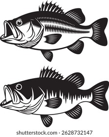 bass fish silhouette vector set | Three Stylized Fish Illustrations in Black and White Design | Jumping Fish Illustrations | Black and White Fishing Clipart Collection