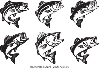 bass fish silhouette vector set | Three Stylized Fish Illustrations in Black and White Design | Jumping Fish Illustrations | Black and White Fishing Clipart Collection