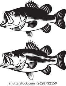 bass fish silhouette vector set | Three Stylized Fish Illustrations in Black and White Design | Jumping Fish Illustrations | Black and White Fishing Clipart Collection
