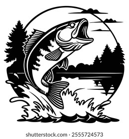 Bass fish silhouette with water splash