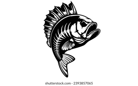 Bass fish skeleton. Bass fish emblem. Fishing theme illustration. Fish skeleton Isolated on white.