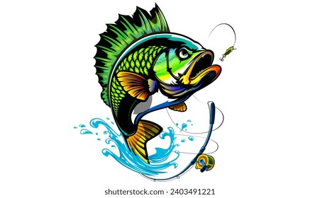 Bass fish skeleton. Bass fish emblem. Fishing theme illustration. Fish skeleton Isolated on white.