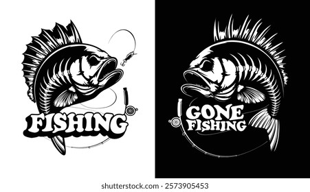 Bass fish skeleton. Bass fish emblem. Fishing theme illustration. Fish skeleton Isolated on white.