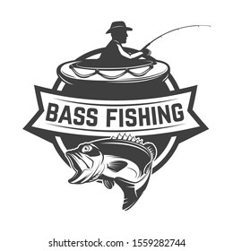 Bass fishing camp. Emblem template with fisherman. Design element for logo, label, sign, poster. Vector illustration
