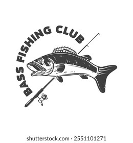 Baixo emblema do clube de pesca. Elemento de design para logotipo, etiqueta, sinal, ilustração poster.Vetor