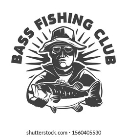 Bass fishing club. Emblem template with fisherman and perch. Design element for logo, label, sign, poster. Vector illustration