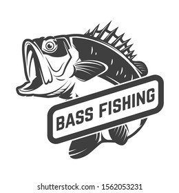 Bass fishing club. Emblem template with perch. Design element for logo, label, sign, poster. Vector illustration