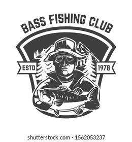 Bass fishing club. Emblem template with fisherman and perch. Design element for logo, label, sign, poster. Vector illustration