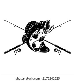 Bass fishing club. Bass fish and fishing rod. Design element for logo, label, sign, badge. Vector illustration