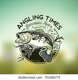 Bass Fishing emblem on blur background. Vector illustration.