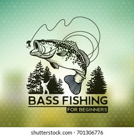 Bass Fishing emblem on blur background. Vector illustration.