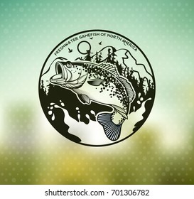 Bass Fishing emblem on blur background. Vector illustration.