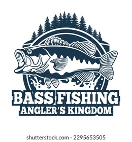The Bass Fishing Logo Bass fish with rod club emblem. Fishing theme vector illustration. Isolated on white.