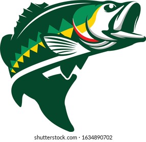 Bass Fishing Logo, A Modern bass fish jumping out of the water. great for bass fishing activity.