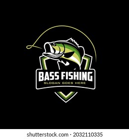 Bass Fishing Logo. Unique and Fresh Bass Fish jumping out of the water combine with Shield in it. Great to use as bass fishing Activity. 