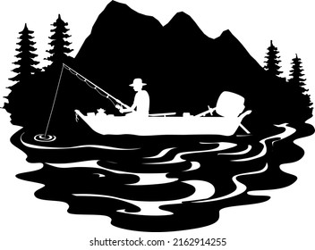 Bass Fishing Scene Vector, Fisherman, Boat, Fish, Boating, Fishing Clipart Silhouettes