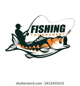 Vector de la plantilla del logotipo del torneo de pesca de bajo coste. Vector de diseño del logotipo de Ilustración de peces de Bass Fish Jumping