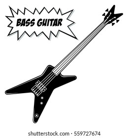 Bass guitar 4 strings.
Vector black and white illustration.