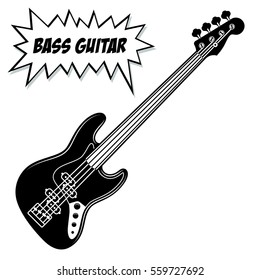 Bass Guitar 4 Strings.
Vector Black And White Illustration.