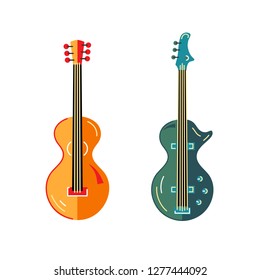 Bass guitar and acoustic guitar icons isolated on background. Flat style. Vector illustration