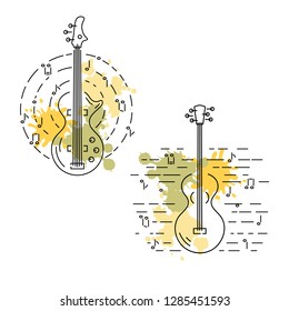 Bass guitar and acoustic guitar icons isolated on background with watercolor splashes. Line style. Vector illustration