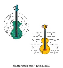 Bass guitar and acoustic guitar icons isolated on background. Flat and line style. Vector illustration