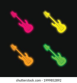 Bass Guitar four color glowing neon vector icon