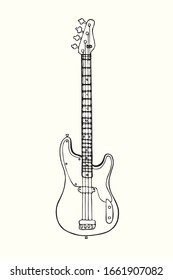 Bass guitar, hand drawn doodle gravure vintage style, sketch, outline vector illustration