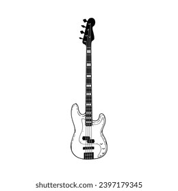 Ilustración vectorial dibujada a mano de guitarra en el fondo blanco. Elemento de diseño para el diseño de la camisa, logotipo, cartel, cartel, cartel, tarjeta.