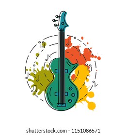 Bass guitar icon isolated on background with painting splashes. Flat style. Vector illustration