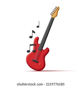 Bass Guitar. Musical instrument 3d render red shape with black volume notes