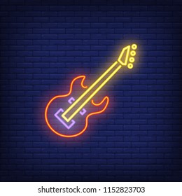 Bass guitar neon sign. Glowing colorful musical instrument on brick wall background. Night bright advertisement. Vector illustration in neon style for stringed instrument and performance