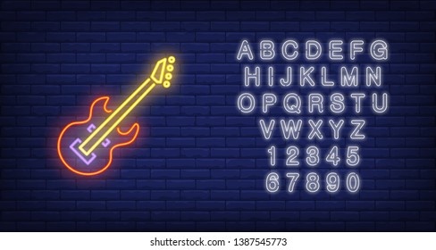 Bass guitar neon sign. Glowing colorful musical instrument on brick wall background. Night bright advertisement. Vector illustration in neon style for stringed instrument and performance