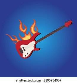 Bass guitar on licked by flames. Flat style vector illustration on isolated background. Print collection for tee shirt or fashion fabric, textile, wallpaper