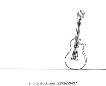 Bass guitar one line art. Continuous line drawing of musical, equipment, song, guitar, electric, melody, rock, volume, chord, bass, acoustic