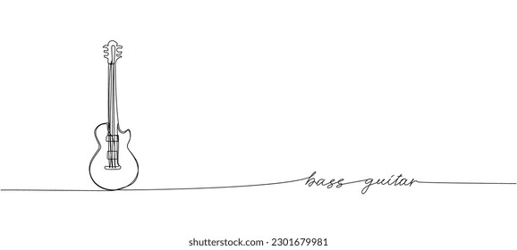 Bass guitar one line art. Continuous line drawing of musical, equipment, song, guitar, electric, melody, rock, volume, chord, bass, acoustic with an inscription, lettering, handwritten.