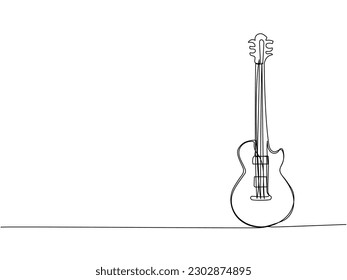 Bass guitar one line art. Continuous line drawing of musical, equipment, song, guitar, electric, melody, rock, volume, chord, bass, acoustic