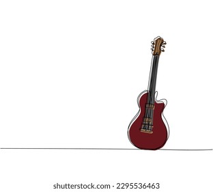 Bass guitar one line color art. Continuous line drawing of musical, equipment, song, guitar, electric, melody, rock, volume, chord, bass, acoustic