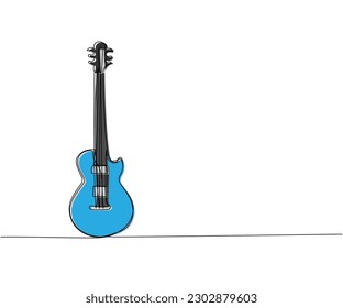 Bass guitar one line color art. Continuous line drawing of musical, equipment, song, guitar, electric, melody, rock, volume, chord, bass, acoustic